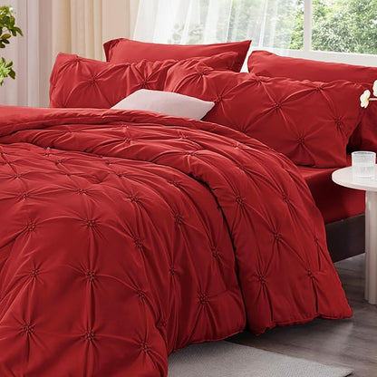 BEDELITE Red Queen Comforter Set - 3 Pieces Boho Pintuck Bedding Comforter Sets, Lightweight Soft & Warm Bed Comforter Queen with 2 Pillowcases for All Season
