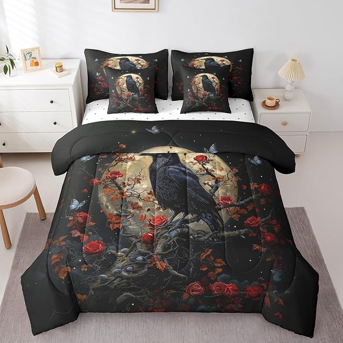 Erosebridal Gothic Red Rose Twin Comforter Set with Sheets,Butterfly Flowers 7 Piece Bedding Set Crow Halloween Decorations for Bedroom,Goth Moon and Floral Bed in a Bag with Pillowcases & Shams