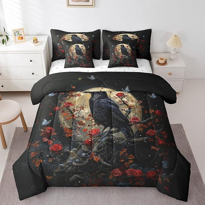 Erosebridal Gothic Red Rose King Comforter Set with Sheets,Butterfly Flower 7 Piece Bedding Set Crow Halloween Decorations for Bedroom,Goth Moon and Floral Bed in a Bag with Pillowcases & Shams