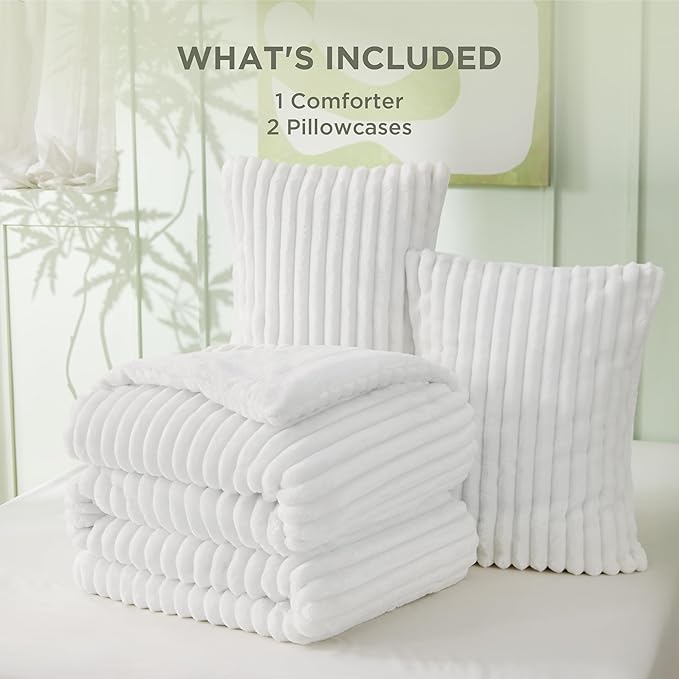 Bedsure Queen Comforter Set - GentleSoft™ 3 Pieces Fluffy Double-Side Fleece Comforter Set, Cozy Striped Room Decor Aesthetic, Luxury Bright White Bedding Queen Size with 2 Pillowcases, 90x90 Inches
