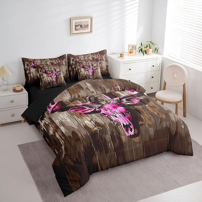 Erosebridal Aztec 7 Piece Bedding Set Queen Deer Skull Comforter Set with Sheets Board Camouflage Farmhouse Hunt Bed in a Bag Hunting Theme Purple Beige for Teens Men Women