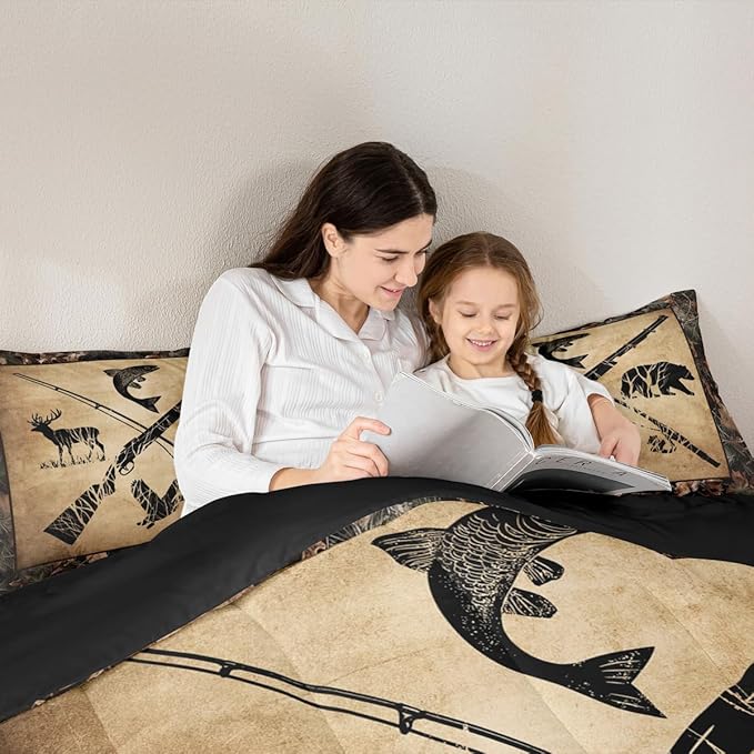 Erosebridal Hunting and Fishing Comforter Set Queen Tree Branch Camo Bedding Set for Kids Boys Teen Men,Woodland Wildlife Bass Fish Duck Bear Deer Bed Comforter Set Rustic Farmhouse Cabin Quilt Set