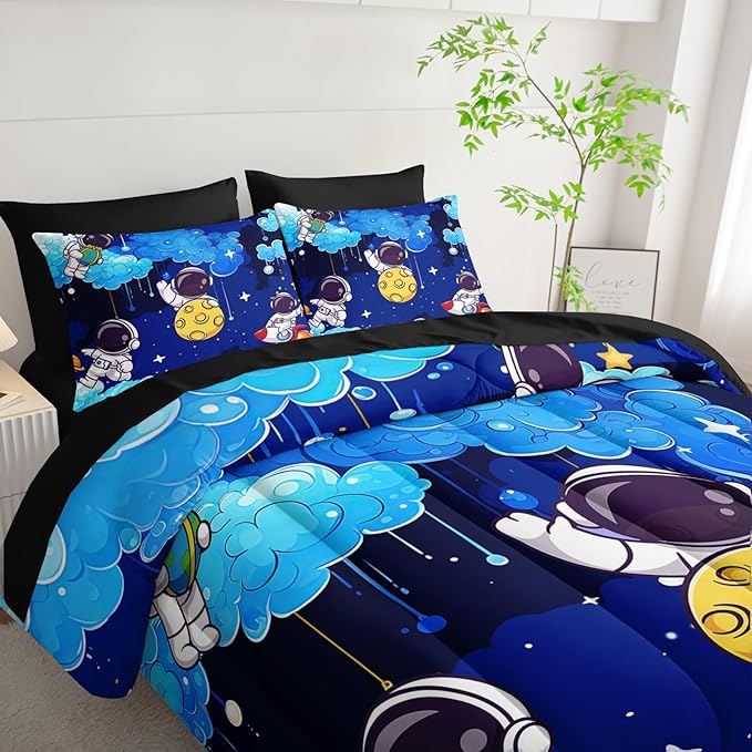 7 Piece Blue Queen Comforter Set for Boys Astronaut，Space Themed Queen Bedding Set，(1 Comforter, 1 Flat Sheet, 1 Fitted Sheet, 2 Pillowcase and 2 Pillow Sham)