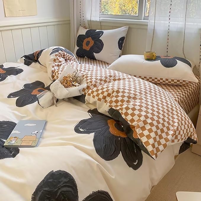 Houseri Black Sunflower Comforter Set King Beige White 3D Floral Bedding King Size Comforters Sets for Women Girls Elegant Beige and Brown Plaid Comforter King Vintage Grand Flowers Bed Quilts King