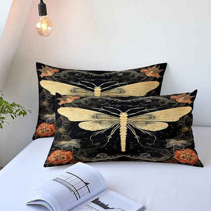 Moth Comforter Set Twin Size Kids Vintage Red Flower Soft Bedding,2 Pcs Warm Microfiber Quilt Set with 1 Pillowcase/68 * 86
