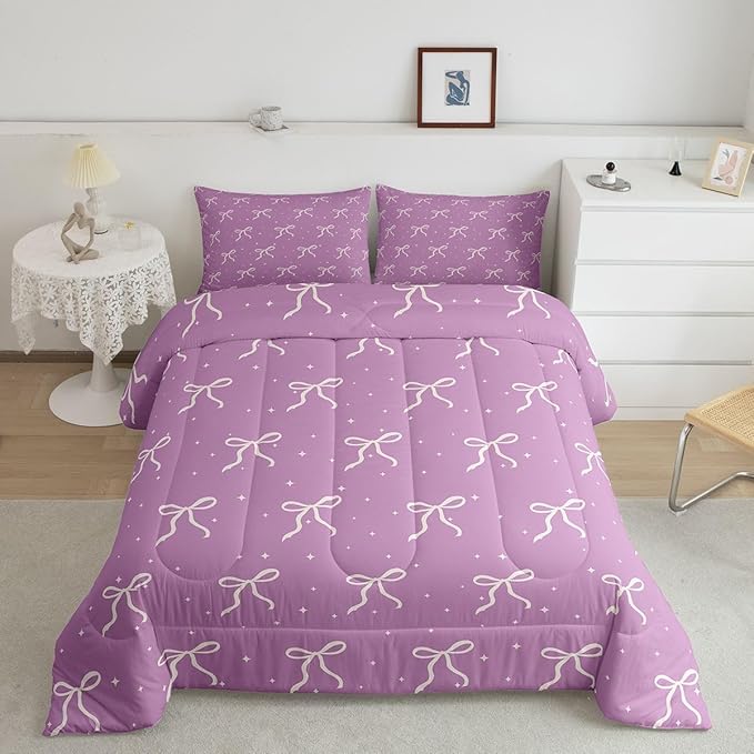 Erosebridal Ribbon Bow Comforter King Size Coquette Bowknot Comforter Set Cute Kawaii Preppy Bows Bedding Set for Teen Girls Kids Women Dreamy Princess Purple Aesthetic Quilt Duvet