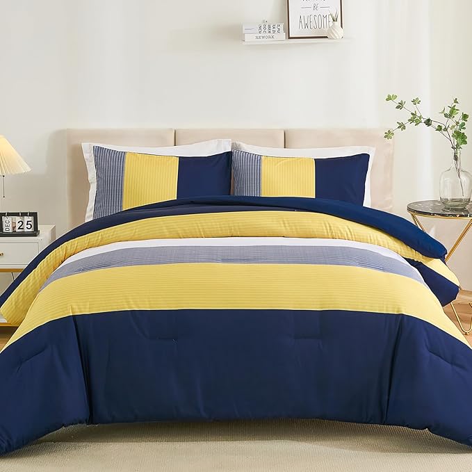 WONGS BEDDING Comforter Set Queen, Reversible Blue Striped Patchwork Down Alternative Comforter for Queen Bed,3 Pieces (1 Comforter+2 Pillowcases), Soft Microfiber Bedding Duvet Insert Set 90"×90"
