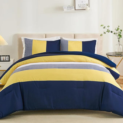 WONGS BEDDING Comforter Set Queen, Reversible Blue Striped Patchwork Down Alternative Comforter for Queen Bed,3 Pieces (1 Comforter+2 Pillowcases), Soft Microfiber Bedding Duvet Insert Set 90"×90"