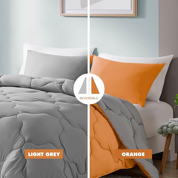 Comfort Spaces King Comforter Set, Chic Reversible Quatrefoil Quilting Comforters King, All Seasons, Lightweight Microfiber Bedding Set Matching Sham, Vixie, King Orange/Grey 3 Piece