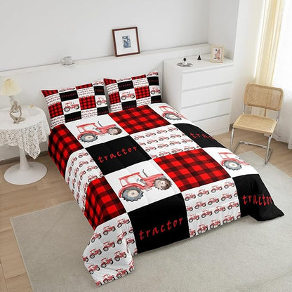 Erosebridal Tractor Bedding Set Red Tractor Comforter for Boys Kids Girls Teens Equipment Truck Comforter Set King Buffalo Plaid Down Comforter Farmhouse Harvester Grid Quilt Set, Black