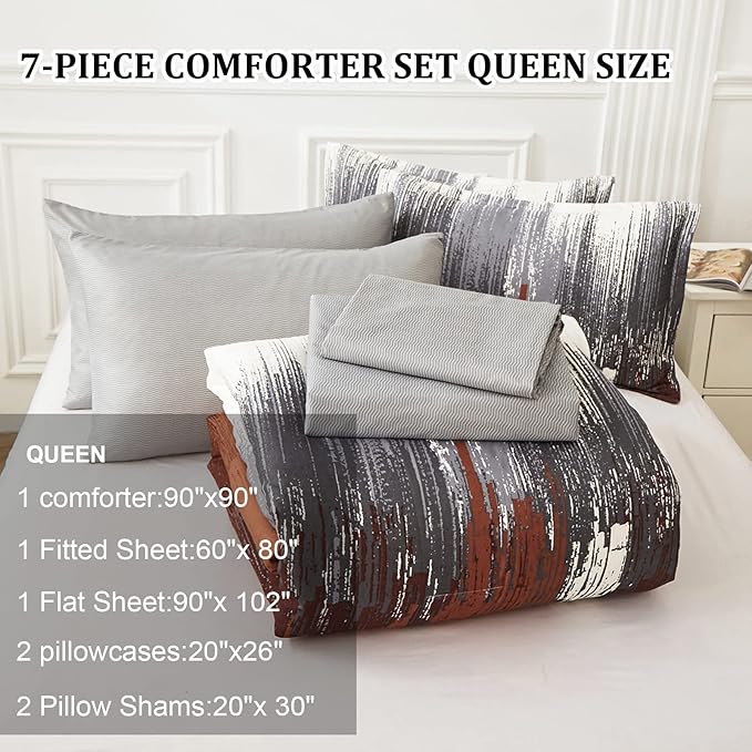 WONGS BEDDING Comforter Set Queen, Thanksgiving Burnt Orange 7 Pieces Bed in a Bag Abstract Gradient Fall Terracotta Bedding Set with Comforter, Flat Sheet, Fitted Sheet, Pillow Shams, Pillowcases