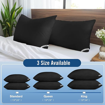 Down Alternative Bed Pillows, Queen Size 4-Pack - Gentle & Safe Plush Hotel Pillows for Side Back Stomach Sleepers - Supportive Black Pillow Set