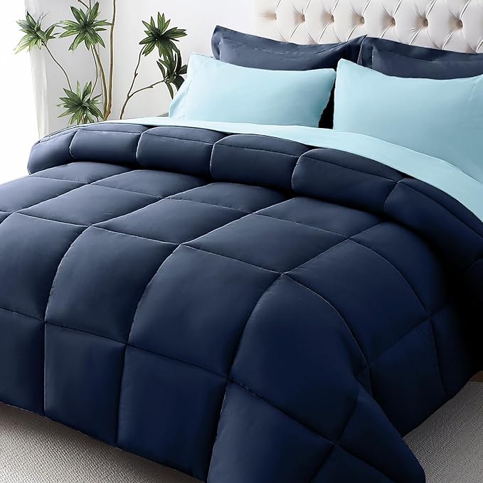 JOLLYVOGUE California King Comforter Set, Ultra-Soft Bed in a Bag Cal King Size 7 Pieces, Oeko-TEX Certified Bedding Set With Down Alternative Comforter, Sheets, Pillowcases & Shams, Navy & Light Blue