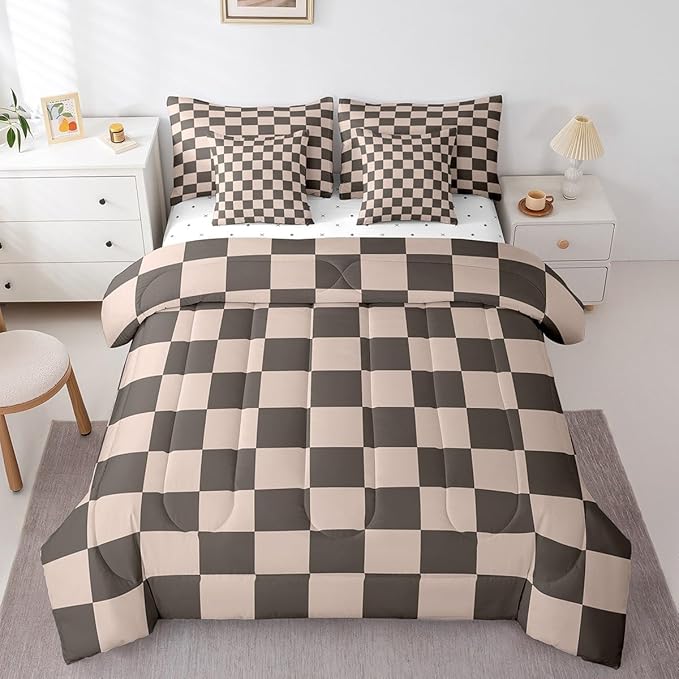 Feelyou Checkered Retro 7 Piece Bedding Set Teen Women Men Gradient Brown Plaid Comforter Set with Sheets King Size Kids Boys Geometric Vintage Bed in a Bag Modern Simple Groovy Aesthetic Room Decor