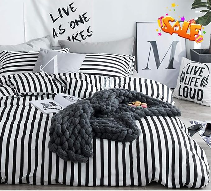 Karever White&Black Stripes Comforter Set Full Women Bedding Set Soft Durable White Striated Bedding Set Black Stripes Ticking Quilts Hotel Quality Comforter Set Girls boy White Black Stripes Bed Set