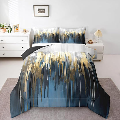 Navy Blue Comforter Set King Gradient Brush Marks Bedding Set, Watercolor Stripe Aesthetic Bedding Comforter Sets Greyish White Ombre Duvet Sets, Vintage Contemporary Quilted Comforter 3pcs