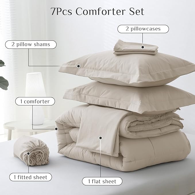 JOLLYVOGUE California King Comforter Set, Ultra-Soft Bed in a Bag Cal King Size 7 Pieces, Oeko-TEX Certified Bedding Set with Down Alternative Comforter, Sheets, Pillowcases & Shams, Oatmeal