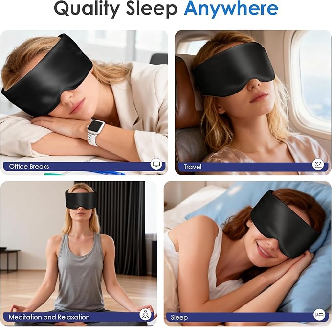 Weighted Eye Mask for Sleeping, Silk Sleep Mask for Side Sleeper with Adjustable Buckle, 100% Blackout Design, Ideal for Meditation, Relaxation and Travel, with Storage Pouch (Black)