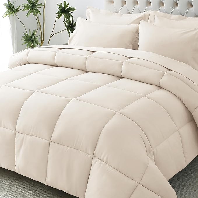 JOLLYVOGUE Queen Comforter Set, Ultra-Soft Bed in a Bag Queen Size 7 Pieces, Oeko-TEX Certified Bedding Set with Down Alternative Comforter, Sheets, Pillowcases & Shams, Beige