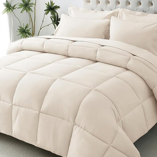 JOLLYVOGUE Queen Comforter Set, Ultra-Soft Bed in a Bag Queen Size 7 Pieces, Oeko-TEX Certified Bedding Set with Down Alternative Comforter, Sheets, Pillowcases & Shams, Beige