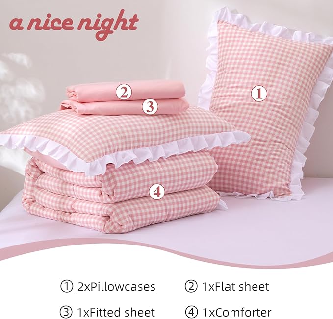 A Nice Night Comforter Twin Size,Pink Ruffle Comforter for Dorm Room Essentials for Twin Bed,Plaid Checkered Chic Bedding Bed in a Bag for Girls