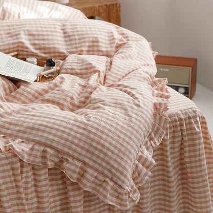 mixinni Vintage Pink Gingham Ruffle Comforter Set 3-Piece Washed Cotton Queen Size Grid Bedding Set with Geometric Checkered Pattern, Farmhouse Chic Soft Fluffy Comforter for All-Season