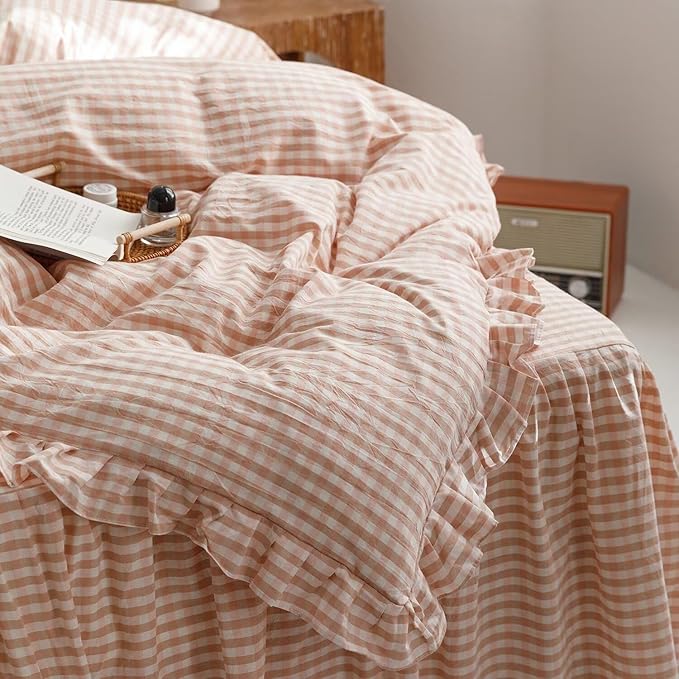 mixinni Vintage Pink Gingham Ruffle Comforter Set 3-Piece Washed Cotton Full Size Grid Bedding Set with Geometric Checkered Pattern, Farmhouse Chic Soft Fluffy Comforter for All-Season