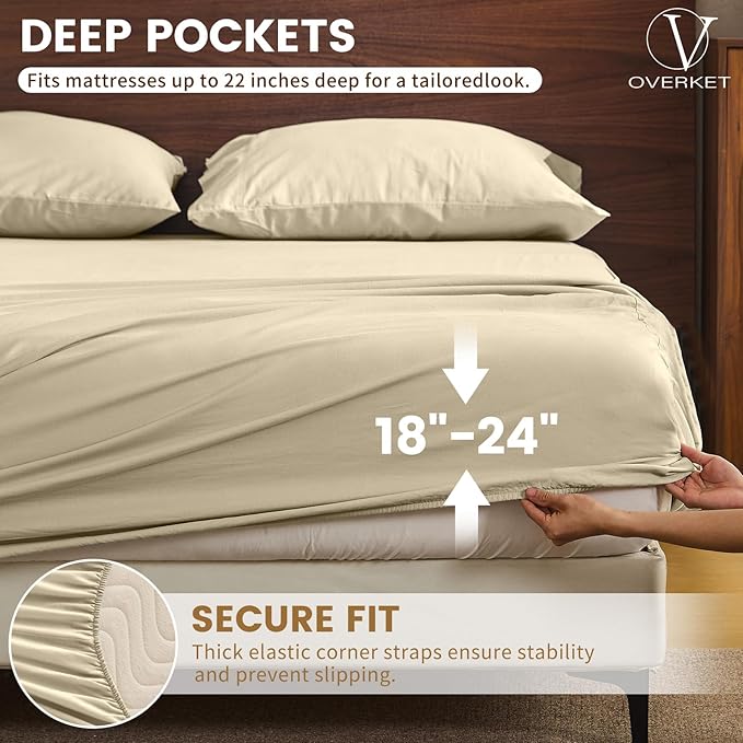 100% Linen Sheet Set Cal King Size Extra Deep Pocket Fits 18-24 Inch Mattress, Breathable & Soft, Smooth 6-Piece Set for Thick Mattresses Hotel Luxury Bedding（Cal King, Brown Taupe）