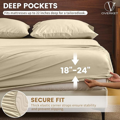 100% Linen Sheet Set Cal King Size Extra Deep Pocket Fits 18-24 Inch Mattress, Breathable & Soft, Smooth 6-Piece Set for Thick Mattresses Hotel Luxury Bedding（Cal King, Brown Taupe）