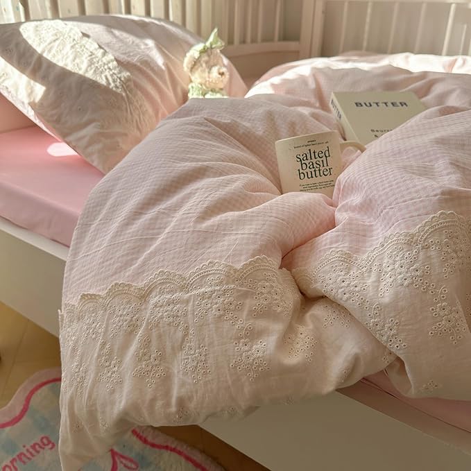 HighBuy Full Size Comforter Set Pink Gingham Bedding Set with Lace Ruffles, 3 Pieces Plaid Comforter Set for All Season,Modern Chic Plaid Checkered Pattern Farmhouse Gird Breathable Fluffy