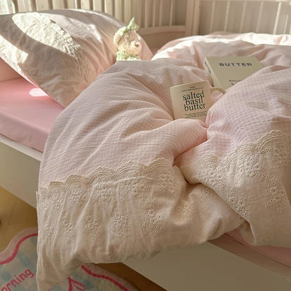 HighBuy Pink Gingham Comforter Set Twin XL,Vintage Boho Pink Grid Gingham Comforter with 2 Pillowcases,Farmhouse Plaid Bedding Set Fluffy Checkered 3 Pieces with Lace Ruffle,All Seasons