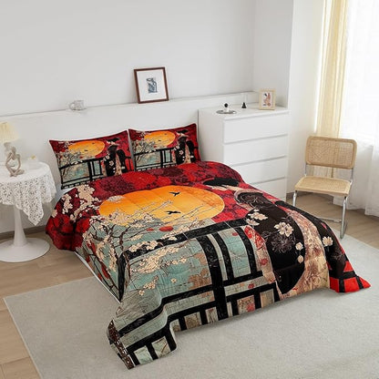 Erosebridal Japanese Style Comforter Set, Cherry Blossoms Down Comforter Twin Size for Kids Girls Women Bedroom Decor, Sakura Flower Bedding Set, Japan Ukiyo-E Quilt, Red, Lightweight