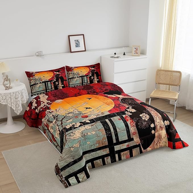Erosebridal Japanese Style Comforter Set, Cherry Blossoms Down Comforter Full Size for Kids Girls Women Bedroom Decor, Sakura Flower Bedding Set, Japan Ukiyo-E Quilt, Red, Lightweight