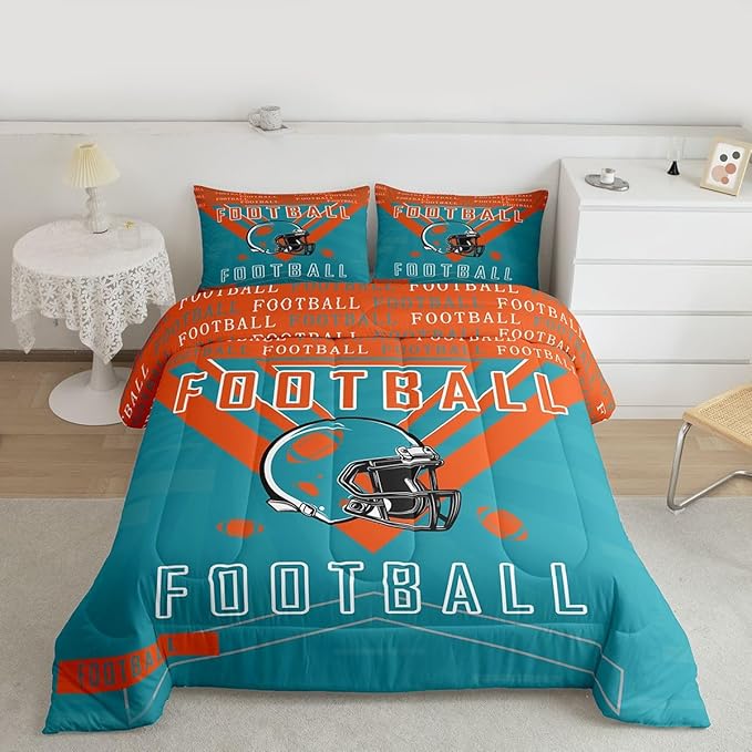 Feelyou Football Bedding Set Boys Girls Twin Size Comforter Set Sports Themed Women Men Football City Duvet Quilt Rugby Sports Orange Green Room Decor