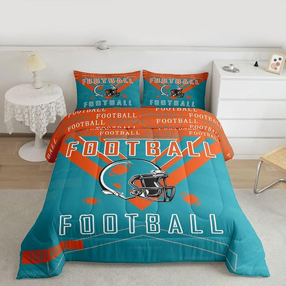 Feelyou Football Bedding Set Boys Girls Queen Size Comforter Set Sports Themed Women Men Football City Duvet Quilt Rugby Sports Orange Green Room Decor