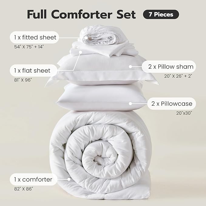 Joiedomi Full Size Comforter Set with Sheets White, 7 Pieces Full Size Bed Set with 1 Down Alternative Comforter, 1 Flat Sheet, 1 Fitted Sheet, 2 Pillowcases and 2 Pillow Shams, Bed in a Bag