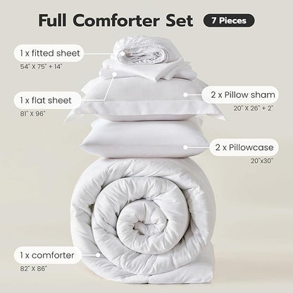 Joiedomi Full Size Comforter Set with Sheets White, 7 Pieces Full Size Bed Set with 1 Down Alternative Comforter, 1 Flat Sheet, 1 Fitted Sheet, 2 Pillowcases and 2 Pillow Shams, Bed in a Bag