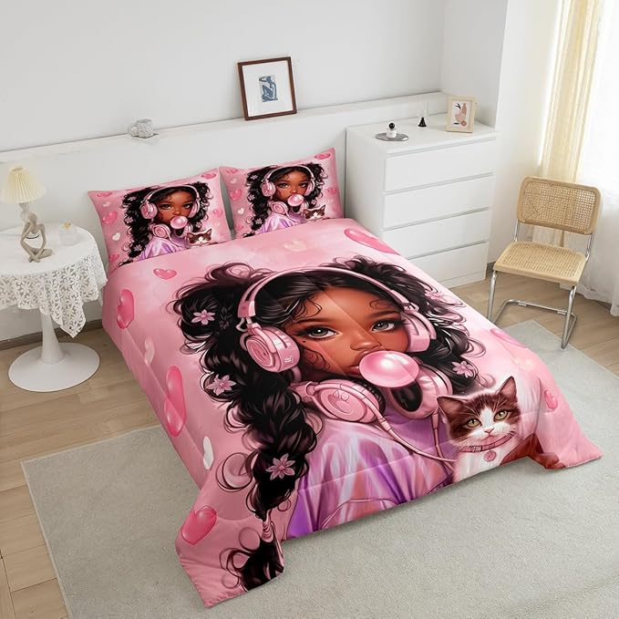 Black Skin Girl Kids Comforter Set King Size,Loce Heart Cute Cat Animal Pet Bedding Set,Girls Women Room Decor,Afro American Theme Princess Down Comforter,Pink Dreamy Duvet Insert,2 Pillowcases
