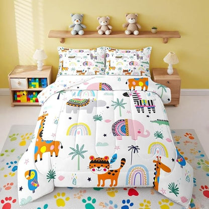 Feelyou Kids Zoo Animal Comforter Queen for Kids Boys Girls Cute Boho Animals Bedding Set Cartoon Elephant Comforter Set Wild Animals Duvet Set with 2 Pillow Case