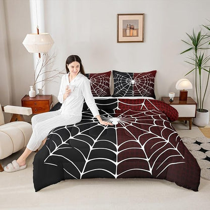 Spider Web Comforter Set King Size, Black and Red Halloween Bedding Set 3pcs, White Spider Arachnid Insect Animal Down Comforter for All Season, Kids Boys Teens Room Decor, 2 Pillowcases, No Sheets