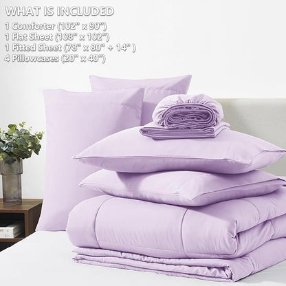 CozyLux King Size Comforter Set Lavender, 7 Pieces Bed in a Bag, Light Purple Comforter King Size, All Season Bedding Sets with Stitch Quilted Comforter, Flat Sheet, Fitted Sheet, Pillowcases