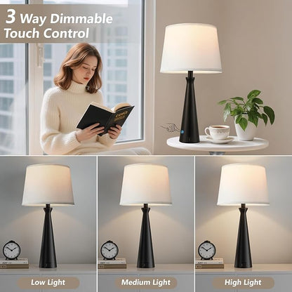 Seealle Single Modern Table Lamp - Touch Bedside Lamp for Nightstand with USB Dual C+A,3-Way Dimmable Black Nightstand Lamp for Living Room Bedroom End Table(Bulb Included)