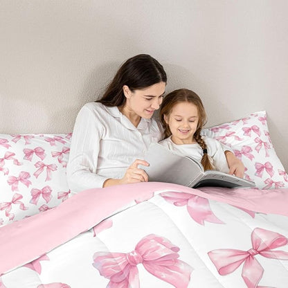 Erosebridal Cute Pink Bow Full Bedding Set for Girls,Dreamy Coquette Bowknot Comforter Set Girly Princess Style Bedding Comforter Sets Cute Kawaii Pink Bow Bed Set for Kids Teen Women