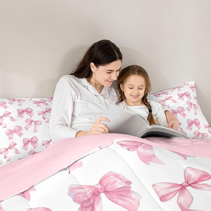 Erosebridal Cute Pink Bow King Bedding Set for Girls,Dreamy Coquette Bowknot Comforter Set Girly Princess Style Bedding Comforter Sets Cute Kawaii Pink Bow Bed Set for Kids Teen Women