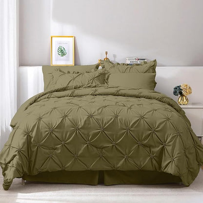JOLLYVOGUE Olive Green Cal King Size Comforter Sets 7 Pieces, Pintuck Bed in a Bag Comforter Set for Bedroom, Bedding Comforter Sets with Comforter, Sheets, Ruffled Shams & Pillowcases