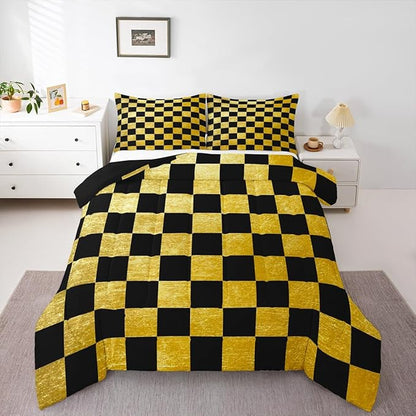 Feelyou Checkered Retro Kids Comforter Set King Size Golden Black Plaid Bedding Set Geometric Vintage Duvet Quilt for Kids Boys Girls Bedroom Modern Simple Groovy Aesthetic Decor