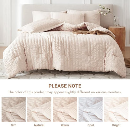 MUXHOMO 5 Pieces Twin XL Comforter Set, Seersucker Bed in a Bag Twin XL Size, All Season Luxury Bedding Set with Comforter, Flat Sheet, Fitted Sheet, Pillowcase & Sham, Beige