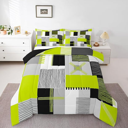 Erosebridal Lime Green Grey Comforter Set Full Black White Abstract Bedding Set for Kids Boys Teen Men Geometric Square Quilt Grids Checkered Duvet Insert Modern Fashion Room Decor 3 Pcs