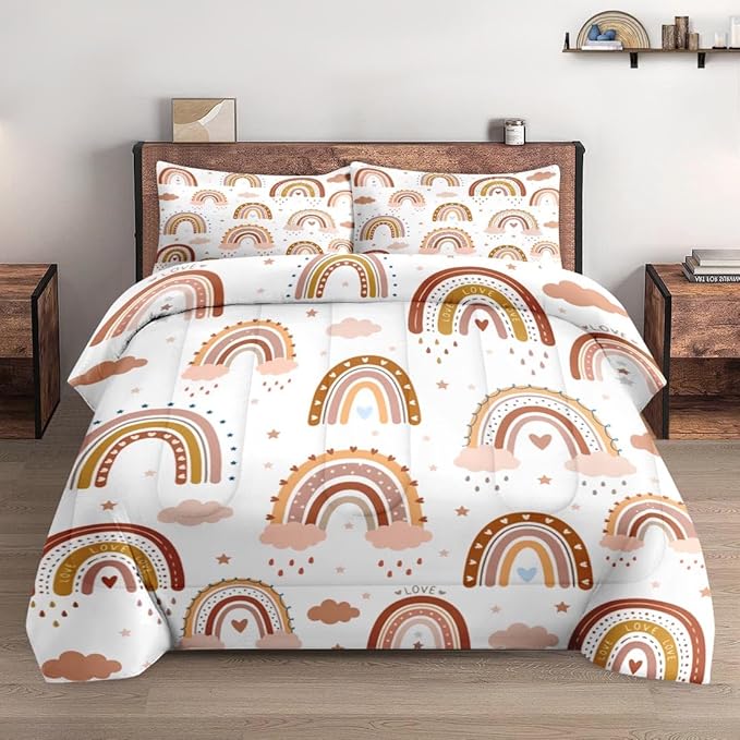 Comforter Set Queen Size, Boho Rainbow Pink Soft 3 Pcs Bedding for Kids and Adults, Love Colorful Nursery Comforter Set with 2 Pillowcases, for Bedroom Bed Decor