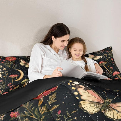 Erosebridal Gothic Mushroom Black Bedding Set for Boys, Vintage Mushroom Comforter Set King Boho Moth Spring Floral Comforter for Kids Teens Adults Bedroom, Moon and Starry Star Quilt Lightweight